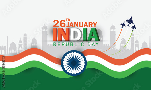 26th January Indian Republic Day banner design with Indian flag and silhouette of Indian monument