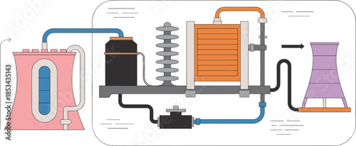Nuclear power plant process diagram illustration, reactor cooling system workflow, electricity generation technology, industrial energy infographic, minimalist vector design