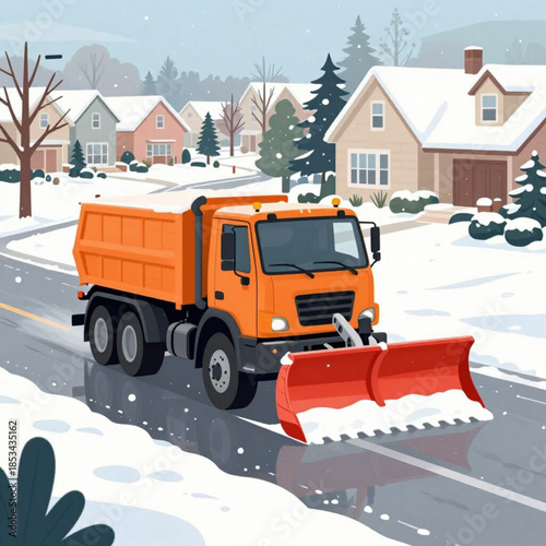 Orange snowplow truck diligently clearing a snowy road in a peaceful winter residential neighborhood