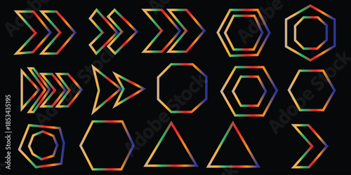Multicolored geometric shapes with arrows and polygons