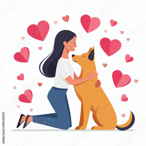 A woman lovingly embracing her golden-brown dog surrounded by floating pink and red hearts, symbolizing their bond