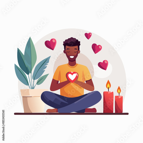 Person meditating with hearts, embodying self-love, inner peace, and emotional well-being amidst serene surroundings with a plant and lit candles