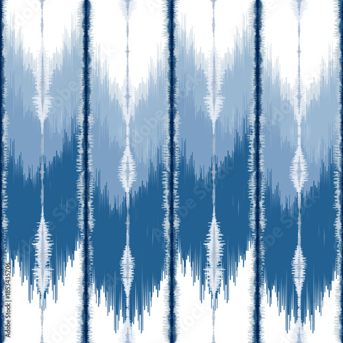 Ethnic ikat blue blush dye yarns weaving seamless pattern. Vector hand drawn craftsmanship embroidery bohemian, abstract strip line geographic art fabric ikat textile material design for clothing 