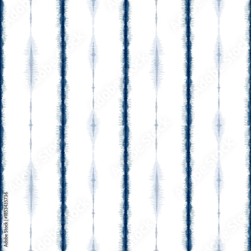 Ethnic ikat dye yarns weaving seamless pattern. Vector hand drawn craftsmanship embroidery bohemian, abstract blue strip vertical line geographic art fabric ikat textile material design for clothing 