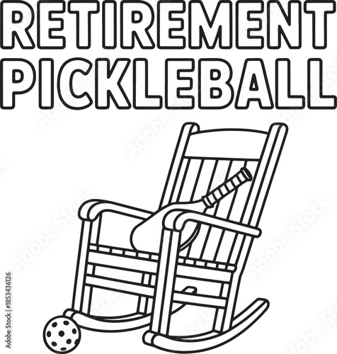 Retirement pickleball outline design featuring rocking chair paddle and ball objects