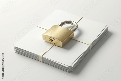 Brushed gold padlock sitting on top of white paper stack for data security