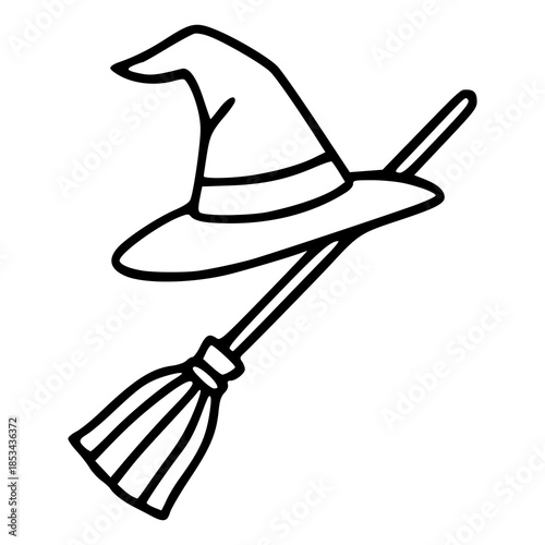 witch hat and broomstick outline drawing