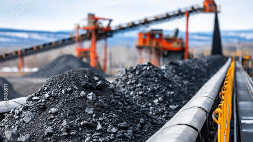 Large coal mining site with conveyor belts and black coal under blue sky