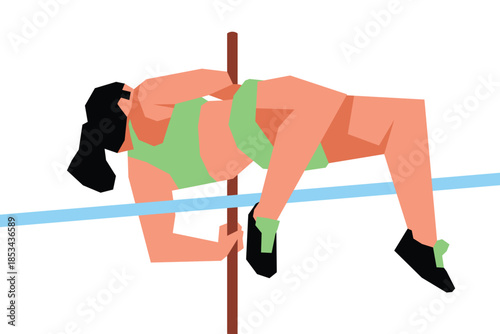 Geometric illustration of a pole vaulter mid air clearing the bar. Ideal for sports and motion themed designs.