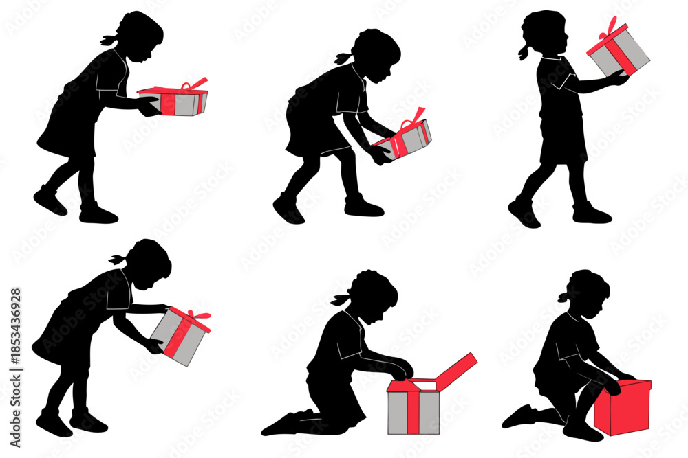 Fototapeta premium Child opening gift bundle silhouette vector illustration isolated on white background