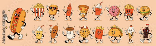 Set of fast food retro groovy cartoon character. Vintage mascot of burger, pizza, hot dog, ice cream, french fries, coffee to go, donut and soda with happy smile. burger groovy stickers
