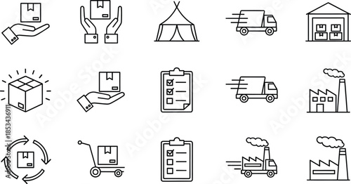 Logistics and delivery line icons set with warehouse shipping boxes trucks checklist supply chain transportation outline illustration