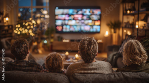 A multigenerational family sits together in the living room at night, quietly watching recommended content on television in a calm, technology-integrated home.