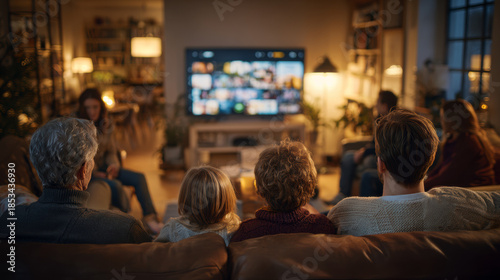 A multigenerational family sits together in the living room at night, quietly watching recommended content on television in a calm, technology-integrated home.