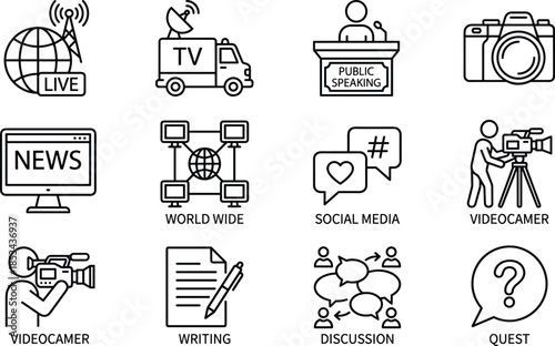 Live news and media communication line icons set featuring broadcasting, social media, videography, public speaking, global reporting concepts design assets