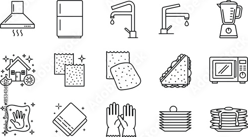 Kitchen cleaning and household appliance line icons set featuring sink sponge dishes hygiene home maintenance vector illustration collection