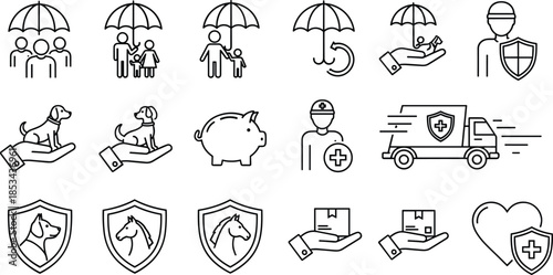 Insurance protection icon set covering health, life, family, pet, vehicle, delivery, safety, security, finance, care concepts illustration