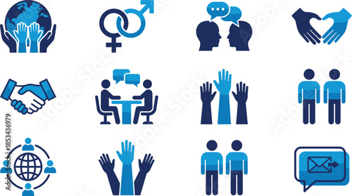 Human connection and social interaction icon set featuring communication teamwork equality support community relationship symbols collection