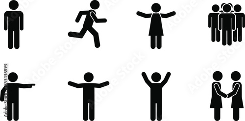 Human figure and people activity icons set showing standing running gestures teamwork interaction silhouette vector illustration collection design