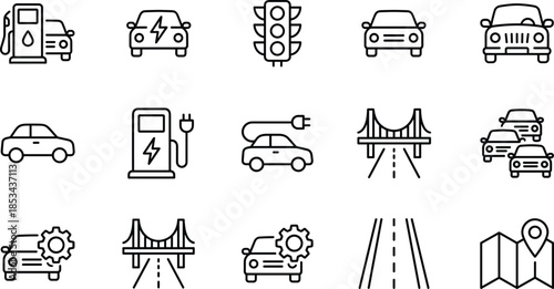 Electric vehicle and transportation line icon set featuring cars charging stations traffic roads bridges navigation symbols collection