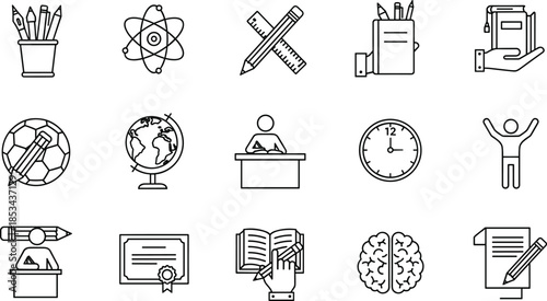 Education and learning line icon set with school supplies, study symbols, teaching concepts, knowledge tools isolated on white background