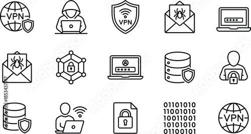 Cyber security VPN line icon set featuring hacker protection encryption privacy data safety network technology symbols collection