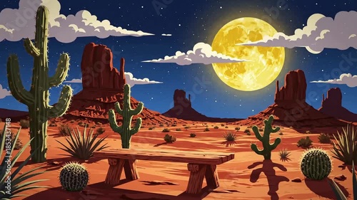 Stunning pixel art desert landscape featuring saguaro cacti under a massive bright moon