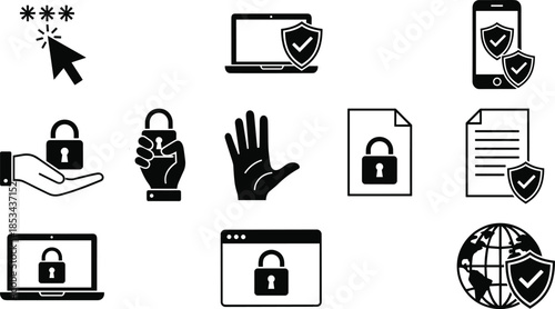 Cyber security protection icons set secure login password privacy authentication data safety devices black white silhouette vector illustration collection design