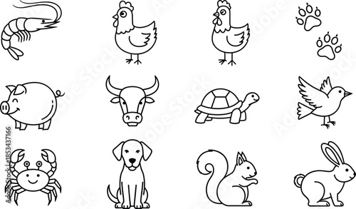 Cute farm and wild animal outline icon set featuring pets birds sea creatures minimalist hand drawn vector illustration collection