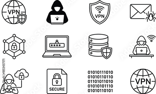 Cyber security and VPN protection line icon set featuring hacker privacy encryption data safety network symbols collection