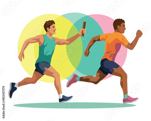 Two athletes pass a baton during a relay race with colorful circles behind them.