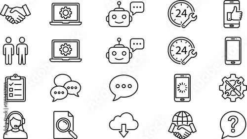 Customer support service line icon set featuring chatbot help desk communication mobile app 24 hour assistance symbols collection