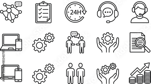 Customer support and business service line icon set featuring communication teamwork chatbot settings analytics 24 hour help symbols