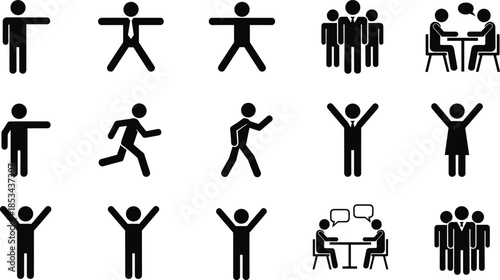 Business people action icon set showing teamwork, communication, leadership, movement, celebration, meetings, collaboration, professional human silhouettes concepts