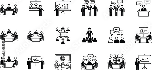 Business meeting and communication icons set showing teamwork discussion presentation conference leadership collaboration vector illustration collection