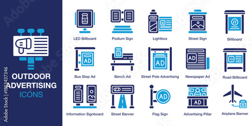 Outdoor Advertising Icon set. Containing display, media, marketing, campaign, promotion, branding and more. Solid vector icons collection. Vector illustration.