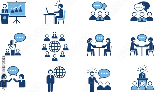 Business communication and teamwork icon set illustrating meetings, presentations, collaboration, leadership, discussion concepts isolated on white background vector flat design