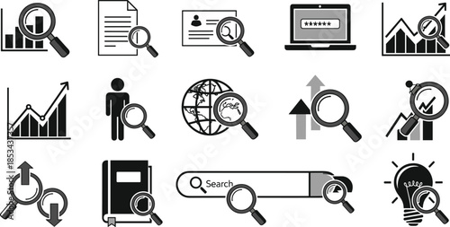 Business analytics and search research icons set featuring magnifying glass data charts documents seo marketing vector illustration collection design symbols
