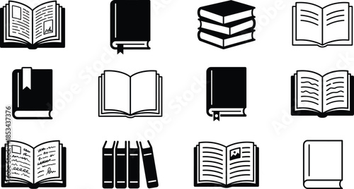 Book and reading icon set with open books, stacked volumes, bookmarks, library symbols isolated on white background for education design