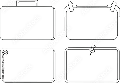Blank suitcase luggage label and signboard frames set with clips pins outline vector illustration templates for travel branding design use
