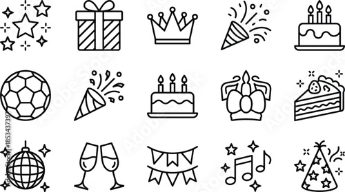 Birthday and party celebration line icon set featuring gifts cake crown confetti music festive event symbols collection