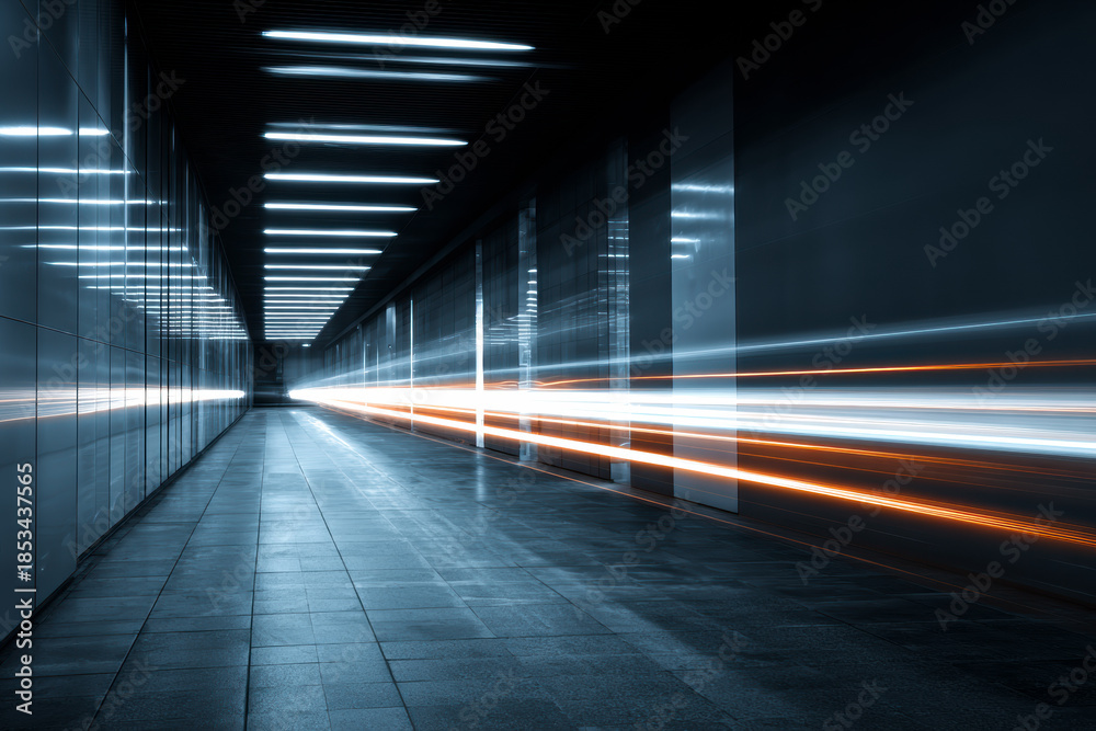 Fototapeta premium Light trails rushing through a modern corridor, symbolizing speed, time acceleration, and strategic digital progress.