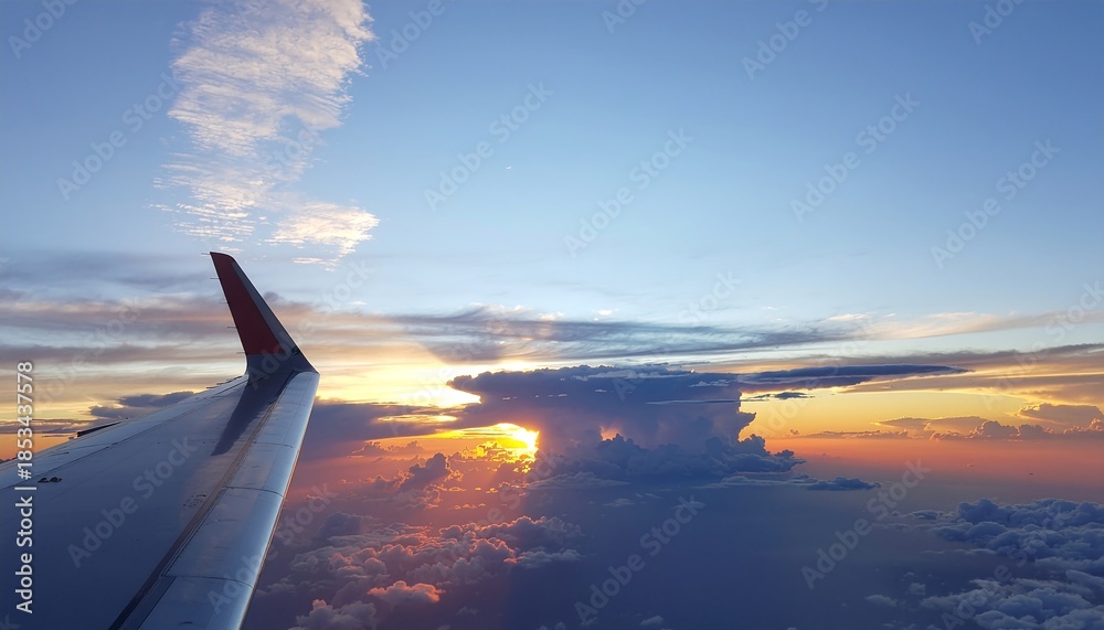 Obraz premium Breathtaking aerial perspective of an airplane wing soaring above a magnificent cloudscape during a vibrant sunset, illuminating the horizon with warm, golden hues
