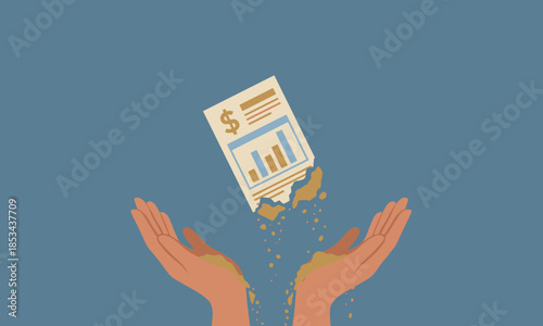 Illustration of a pair of hands releasing a document with a dollar sign and bar graph amidst gold coins against a blue background, conveying a time is money concept.