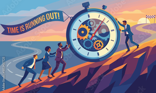 Illustration of businesspeople pushing a giant stopwatch up a cliff with a winding road and a 'time is running out' banner in a colorful, stylized scene.