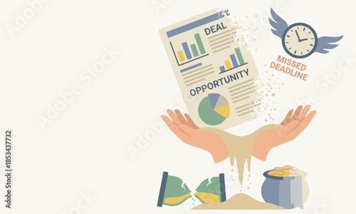 Flat lay illustration of hands holding a financial report with a deadline and clock, surrounded by money and calendar, conveying a sense of urgency and time management.