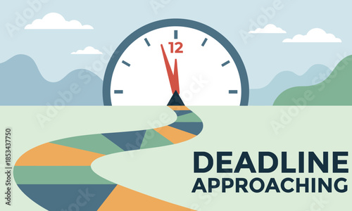 Illustration of a winding road leading to a clock with the words 'DEADLINE APPROACHING' in a stylized landscape with a sense of urgency and time running out.