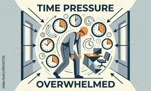 Illustration of a stressed businessman overwhelmed by multiple clocks in a corridor with a sense of urgency and time pressure.