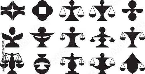 Modern black silhouettes of balance scales and abstract shapes