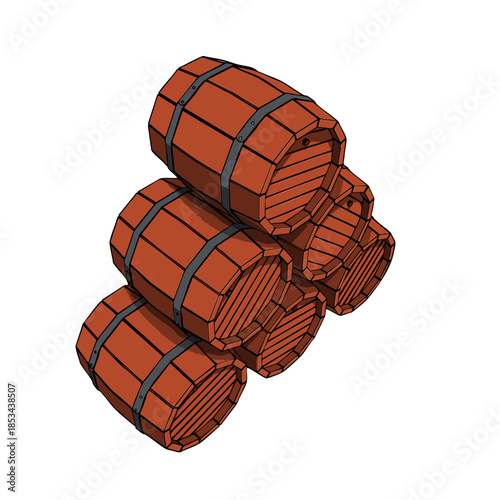 Wooden Old Vintage Barrel with Metal Bands. Vector Illustration.